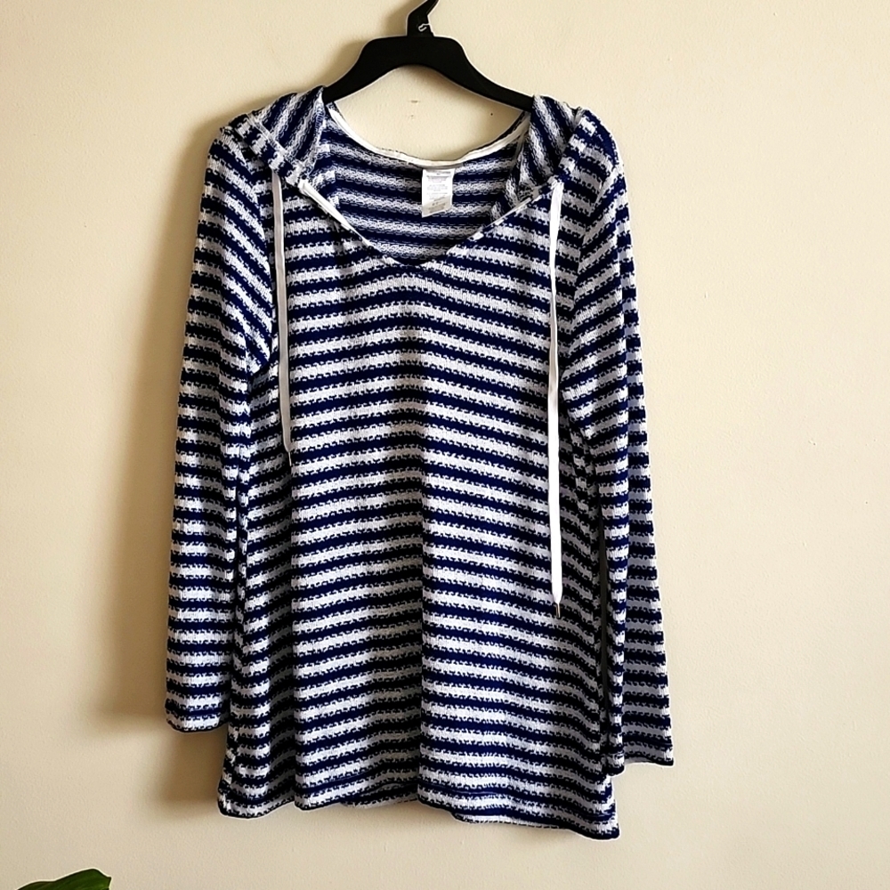 La Blanca blue white stripe hooded swimsuit coverup Coastal Nautical Women's XS